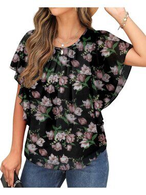 Women's Summer Casual Blouses Black Kapok Loose Round Neck Chiffon Flowy Tops